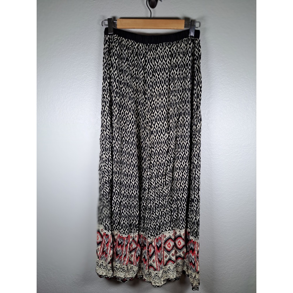 Angie Womens Geometric Diamond Print Maxi Skirt Black White Red Boho Rayon M
